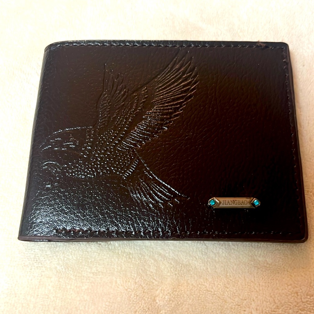 NWOT Jiangbao Men’s Brown Leather Wallet With Embossed Eagle - Picture 1 of 7
